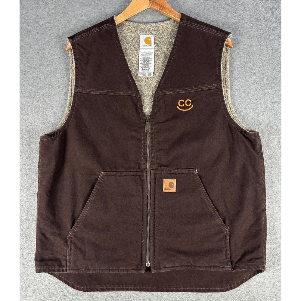 Carhartt Vest Mens Large Brown Sherpa Lined Sandstone Duck Canvas V26 DKB